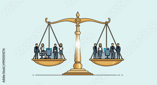 Golden Scales of Justice with Balanced Business People Groups Illustration
