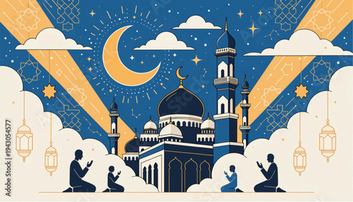 Night of Devotion: A radiant mosque stands under a crescent moon, as silhouettes of worshippers kneel in prayer, bathed in a celestial glow, in celebration of faith and spirituality.