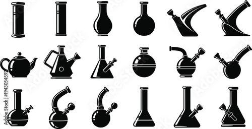 Black silhouette vector icons set of laboratory glassware including beakers flasks test tubes bongs and pipes for science or lifestyle design.Black silhouette vector icons set of laboratory glassware 