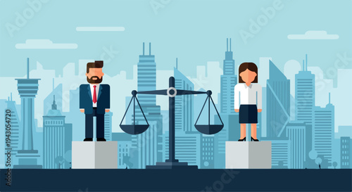 Gender Equality Scales with Businessman and Businesswoman in Cityscape Illustration