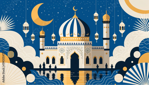 Mosque at Nightfall: A stunning illustration of a mosque illuminated at night, featuring a radiant crescent moon, stars, and intricate architectural details.