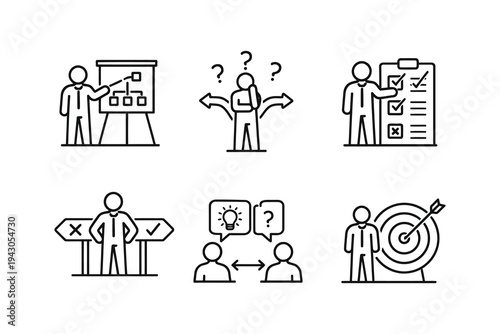 Illustrations depicting stages of decision-making and goal-setting processes