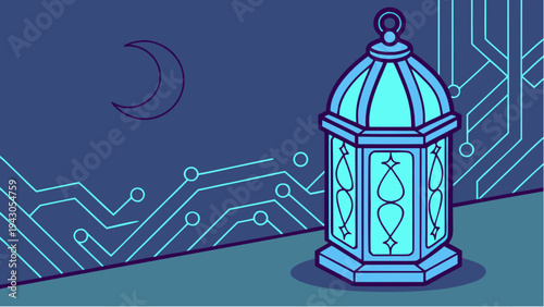 Digital Lantern in the Evening: A stunning illustration of a vibrant lantern illuminated under a crescent moon, set against the backdrop of an abstract circuit board, creating a sense of wonder.