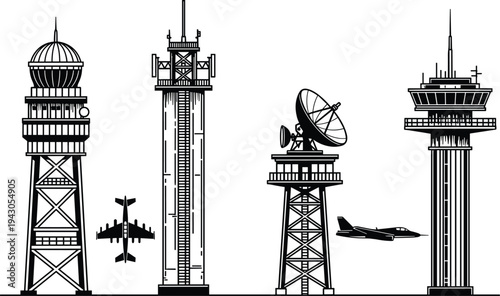 Black and white airport control tower silhouettes set with radar antenna telecommunication towers and airplane icons for aviation design.Black and white airport control tower silhouettes set with rada