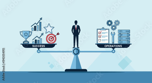 Businessman Balancing Success and Operations on a Scale Illustration