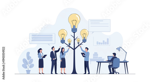 Business Team Nurturing Idea Lightbulb Tree Vector Illustration