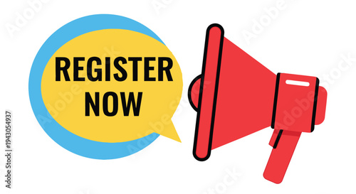 A colorful graphic of a megaphone with the text register now displayed