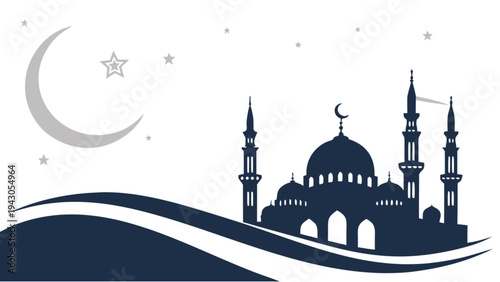 Islamic Mosque at Night: A serene silhouette of a mosque against a tranquil night sky, adorned with a crescent moon and stars, embodying peace and spiritual reflection.