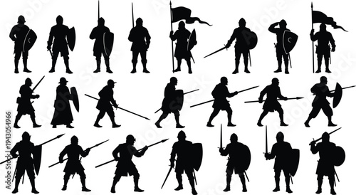 Medieval knight warrior silhouettes with sword spear shield and flag collection isolated historical soldier combat illustration set