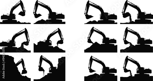 Excavator digging and loading silhouettes collection heavy construction machinery working on soil pile isolated industrial equipment illustration