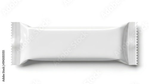 A single, unopened, white granola bar wrapper on a white background