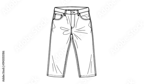Flat-lay classic jeans pants vector line art illustration black and white design