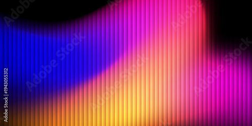 Glass ripple texture with dark gradient background and vivid pink, blue, and yellow light streaks. ripple pattern, Futuristic distortion, abstract glow, reeded vertical blur Vector illustration
