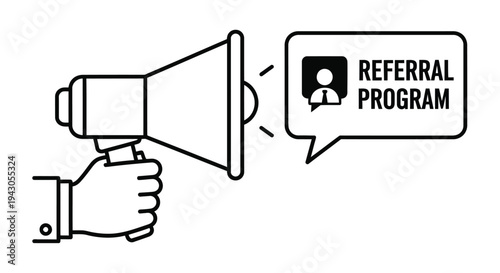 A hand holding a megaphone with a speech bubble promoting a referral program