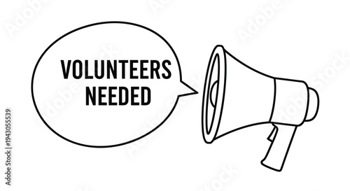 Line art illustration of a megaphone with a volunteers needed message