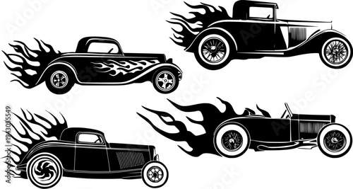 Set of classic hotrod cars with custom flames design, racing roadster for garage or service design