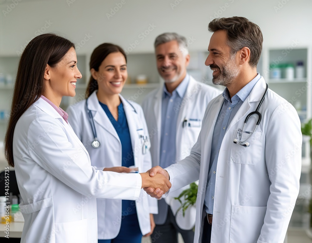 Fototapeta premium A pharmacist sales representative shakes hands with a doctor.