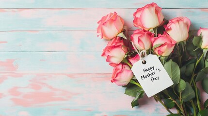 Bouquet of pink roses with a gift tag saying happy mother's day lying on a rustic wooden surface painted with light blue and pink colors creating a beautiful background for mother's day celebrations