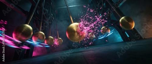 Golden Newtons Cradle balls colliding with pink liquid splash, kinetic energy, physics, and motion concept in dark industrial setting with neon lights