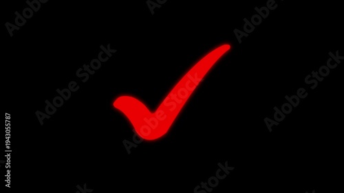 Glowing red check mark symbol animated on black background with subtle neon glow effect perfect for success approval confirmation and positive feedback concepts