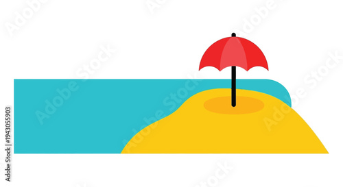 Red beach umbrella on sandy hill with turquoise sea in minimalist summer vibe for travel advertising