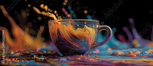 AI generator images of Splashes of vibrant colors in the shape of a coffee cup or teacup. This type of artwork is often categorized as Color Splash or Fluid Art, emphasizing the beauty of moving liqui