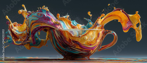 AI generator images of Splashes of vibrant colors in the shape of a coffee cup or teacup. This type of artwork is often categorized as Color Splash or Fluid Art, emphasizing the beauty of moving liqui