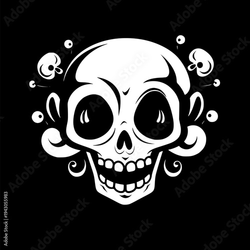 Playful skull face with large round eyes and toothy grin, swirling ornamental accents surrounds the head, black and white graphic