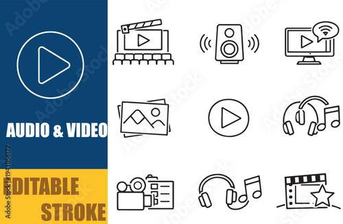 Audio and Video Media Icons – Play, Headphones, Camera, Music