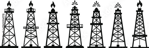 Set of industrial water tower silhouettes on high metal stands isolated on white background for urban architectural design.Set of industrial water tower silhouettes on high metal stands isolated on wh