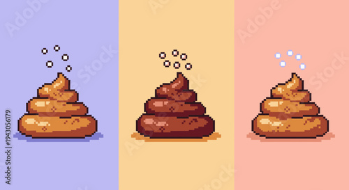 Pixel Art Poop Icons Set: Funny Cartoon Shit Symbols, Digital Illustration for Web and Mobile Apps, Cute Emoticon Graphics