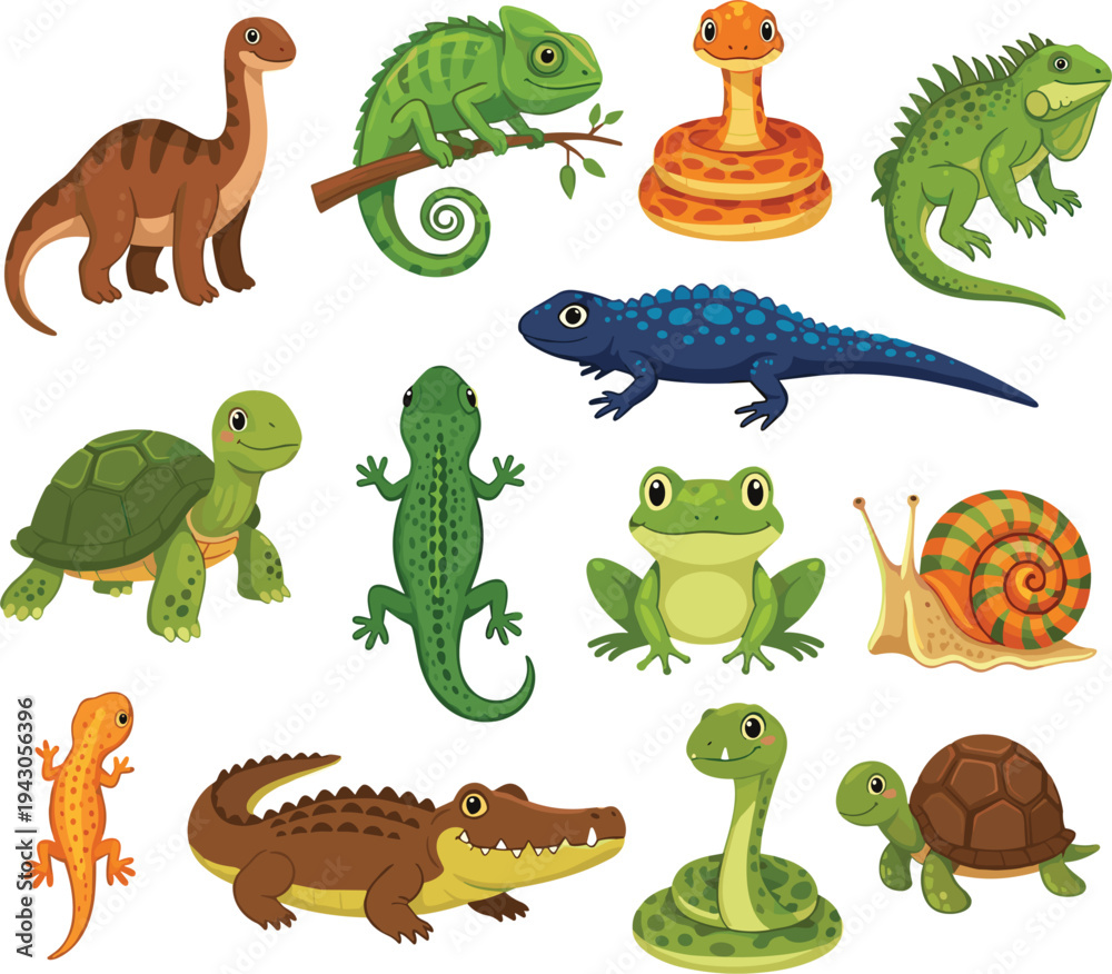 Naklejka premium Cute Reptiles and Amphibians Cartoon Animal Collection Featuring Turtle Snake Frog Crocodile Gecko Iguana Chameleon Salamander and Snail Vector Illustration Set