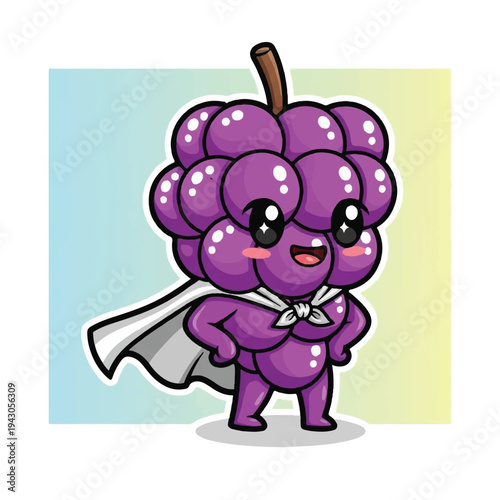 Cartoon Grape Character with Cape Illustration.