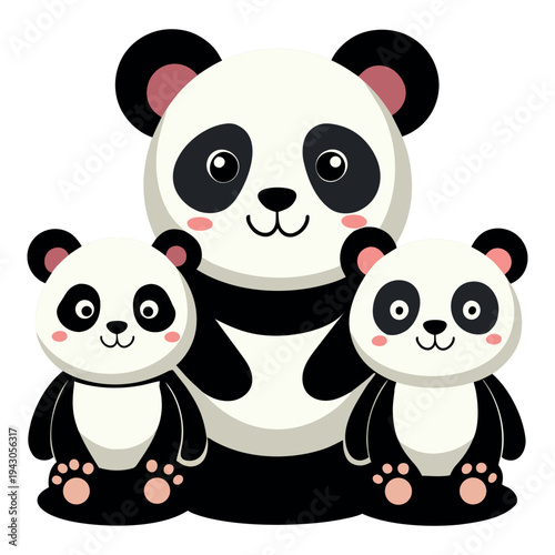 Cute Panda Family Cartoon Characters Vector Illustration, Kawaii Panda Bears