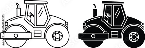 Road roller compactor line and solid silhouette construction vehicle isolated for roadwork engineering heavy machinery transport illustration design