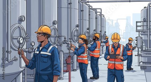 Industrial Workers in Factory Setting.