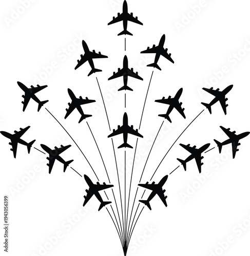 Airplane flight formation silhouettes radiating upward isolated on background commercial aircraft aviation travel transport concept design illustration