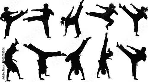 Martial arts and capoeira fighter silhouettes performing high kicks and acrobatic moves isolated collection for combat sport fitness design