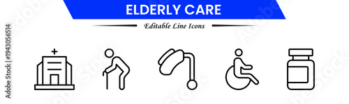 Elderly icon set. elderly care, pension, vision loss, and more. line icon style. old age element vector illustration