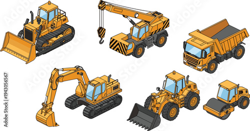 Isometric construction vehicles set including bulldozer excavator crane truck dump truck wheel loader and road roller heavy machinery illustration equipment