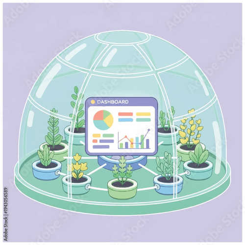 Greenhouse with Plants and Computer Screen Displaying Charts.