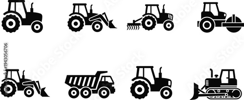 Agricultural and construction machinery silhouette set including tractor loader road roller dump truck and bulldozer heavy equipment vector icons