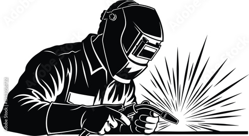 Professional welder in protective mask and gloves working with sparks, industrial metalwork black silhouette vector illustration, manufacturing labor and construction steel welding concept.