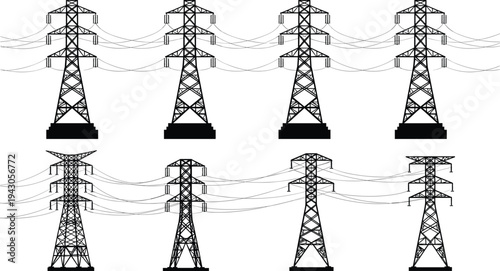High voltage electric power line transmission towers silhouettes set with electrical cables and pylon structures for industrial energy design.High voltage electric power line transmission towers silho