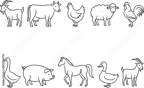 Farm Domestic Animals Outline Icon Set Featuring Goat Cow Chicken Sheep Rooster Goose Pig Horse Duck and Livestock Line Vector Illustration Collection