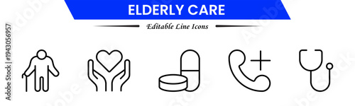 Elderly icon set. elderly care, pension, vision loss, and more. line icon style. old age element vector illustration