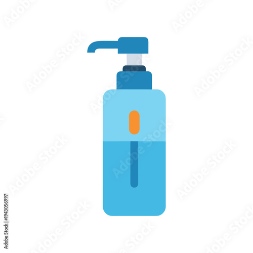 Blue hand sanitizer bottle with pump and orange label