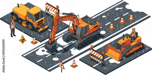 Isometric road construction scene with excavator bulldozer and maintenance truck workers repairing wet highway with traffic cones engineering illustration