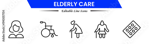 Elderly icon set. elderly care, pension, vision loss, and more. line icon style. old age element vector illustration