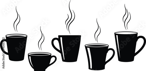 Hot Coffee Cup Silhouette Icon Set with Steaming Mug Shapes for Cafe Beverage Symbols Isolated on White Background Vector Illustration